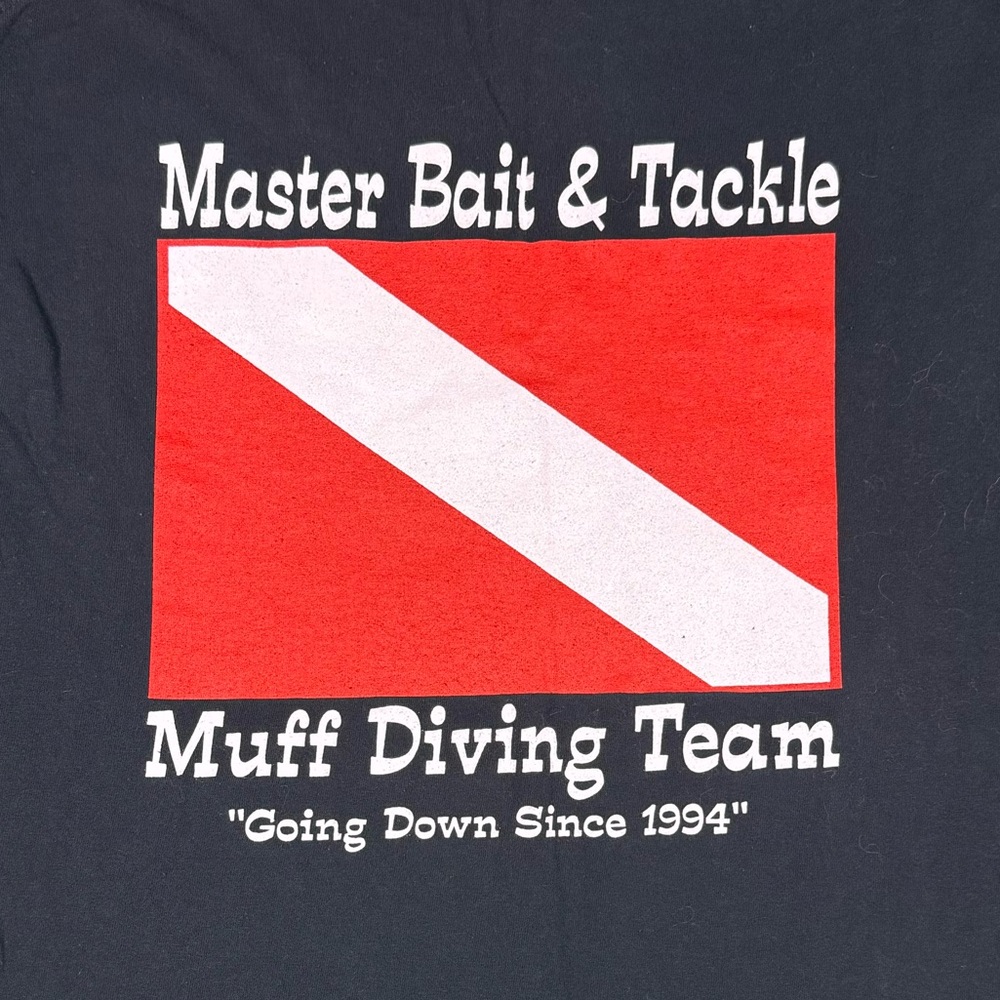 Gildan Funny Black Fishing Tee with Red and White Graphic